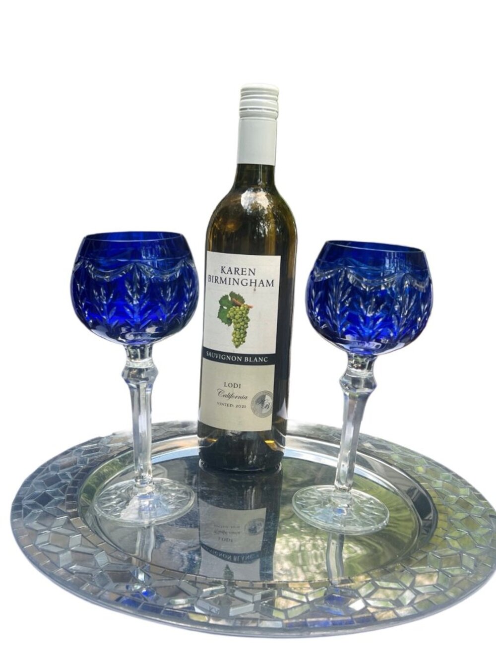 Sauvignon Blanc with Cobalt Blue Cut-Glass Wine Goblets